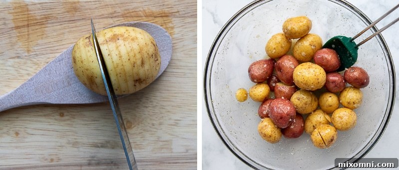 Images showing how to expertly slice mini Hasselback potatoes and then toss them with a rich garlic butter mixture.