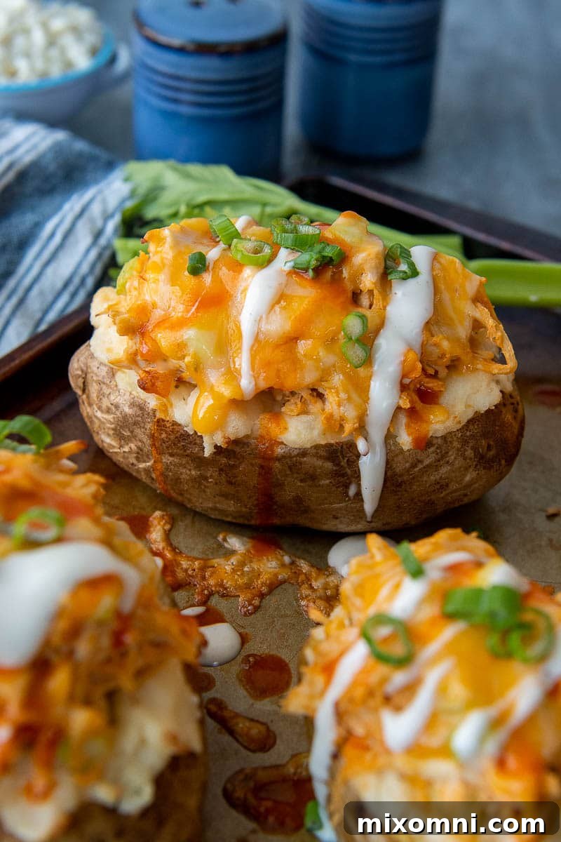 A perfectly cooked buffalo chicken baked potato, generously drizzled with cool ranch dressing and topped with fresh herbs, ready to be served.