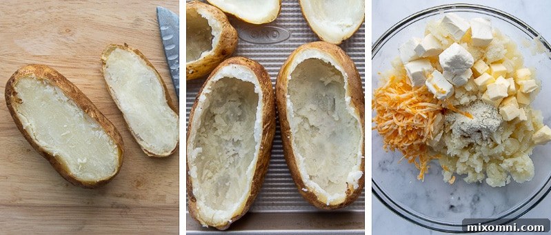 Visual steps illustrating how to prepare the creamy ranch-infused filling for the twice-baked potatoes, showcasing mashed potato with butter, cream cheese, and seasonings.