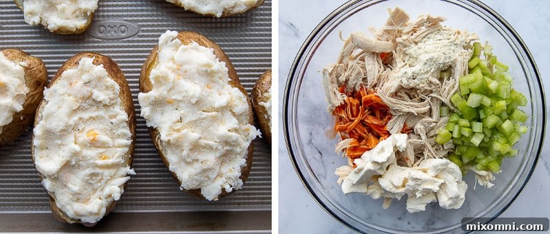 Visual steps demonstrating how to generously stuff the baked potato shells with the buffalo chicken topping and a final sprinkle of cheese before the last bake.
