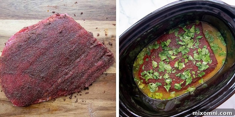 A collage of images illustrating the process of making carne asada in a slow cooker, from seasoning to cooking.
