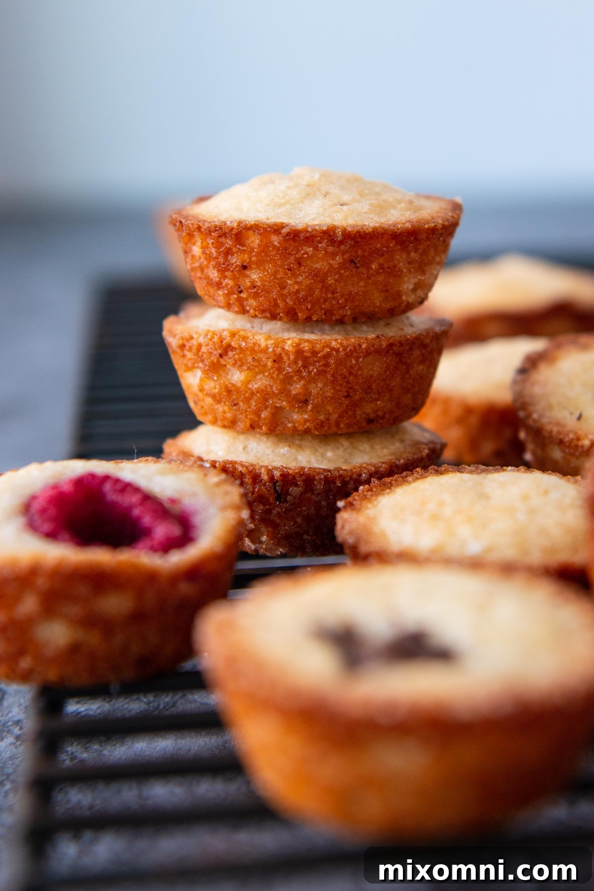 a stack of three financiers on a wire cooling rack