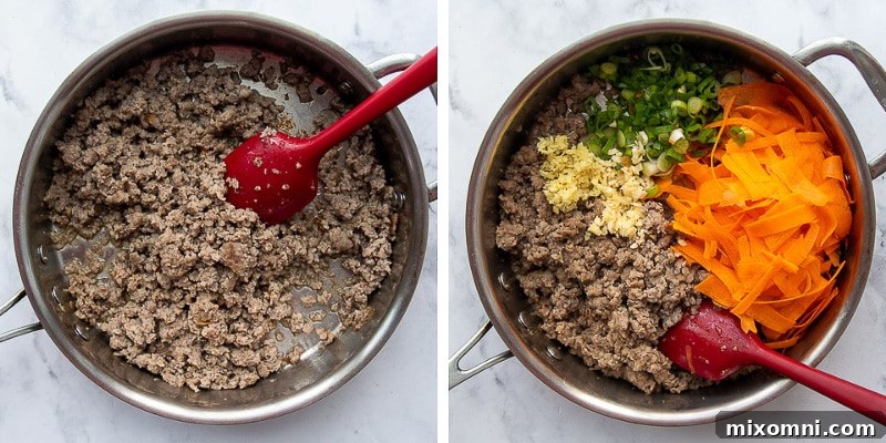 Series of images showing the process of cooking ground sausage, adding vegetables, and stirring the ingredients for the unstuffed egg roll bowl.