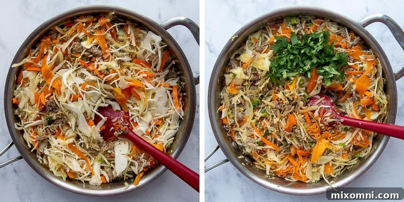 More images demonstrating the cooking stages of the unstuffed egg roll bowl, including mixing in the coleslaw and sauce.