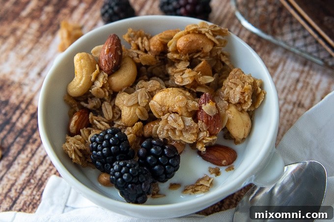 A close-up shot of a white bowl filled with beautiful gluten-free granola, generously topped with fresh milk and an assortment of colorful berries.