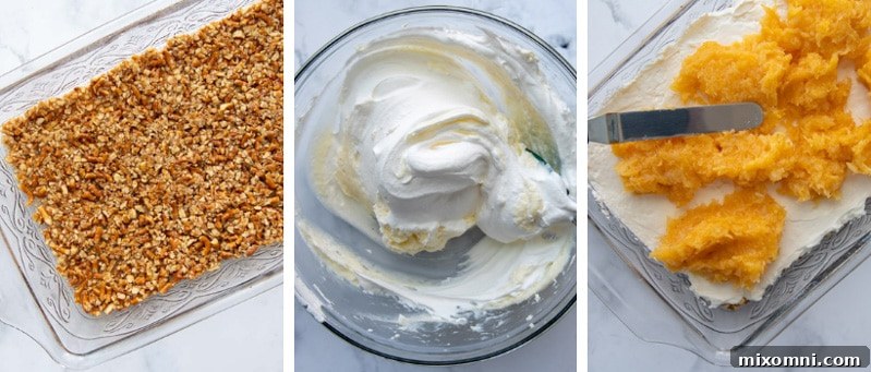 Step-by-step images illustrating the process of preparing Pineapple Pretzel Salad, from crushing pretzels to layering the ingredients.