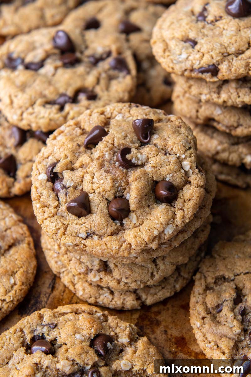 A delectable stack of flourless peanut butter chocolate chip cookies with more scattered artfully around, showcasing their soft, chewy texture and gooey chocolate chips.