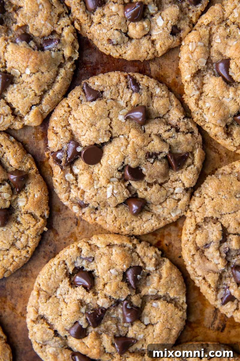 A beautiful flat lay arrangement of freshly baked flourless chocolate chip cookies on a rustic brown background, emphasizing their appealing texture and chocolatey goodness.