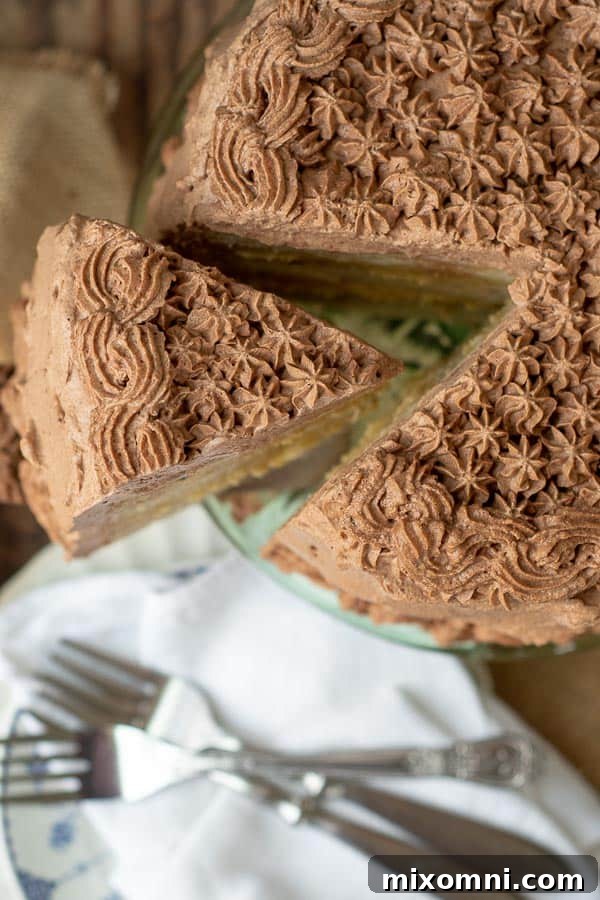 An overhead shot of a slice of cake being removed, revealing a beautifully piped chocolate whipped cream frosting.