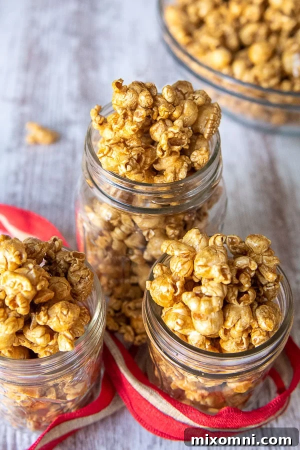 homemade caramel corn recipe in 3 glass jars