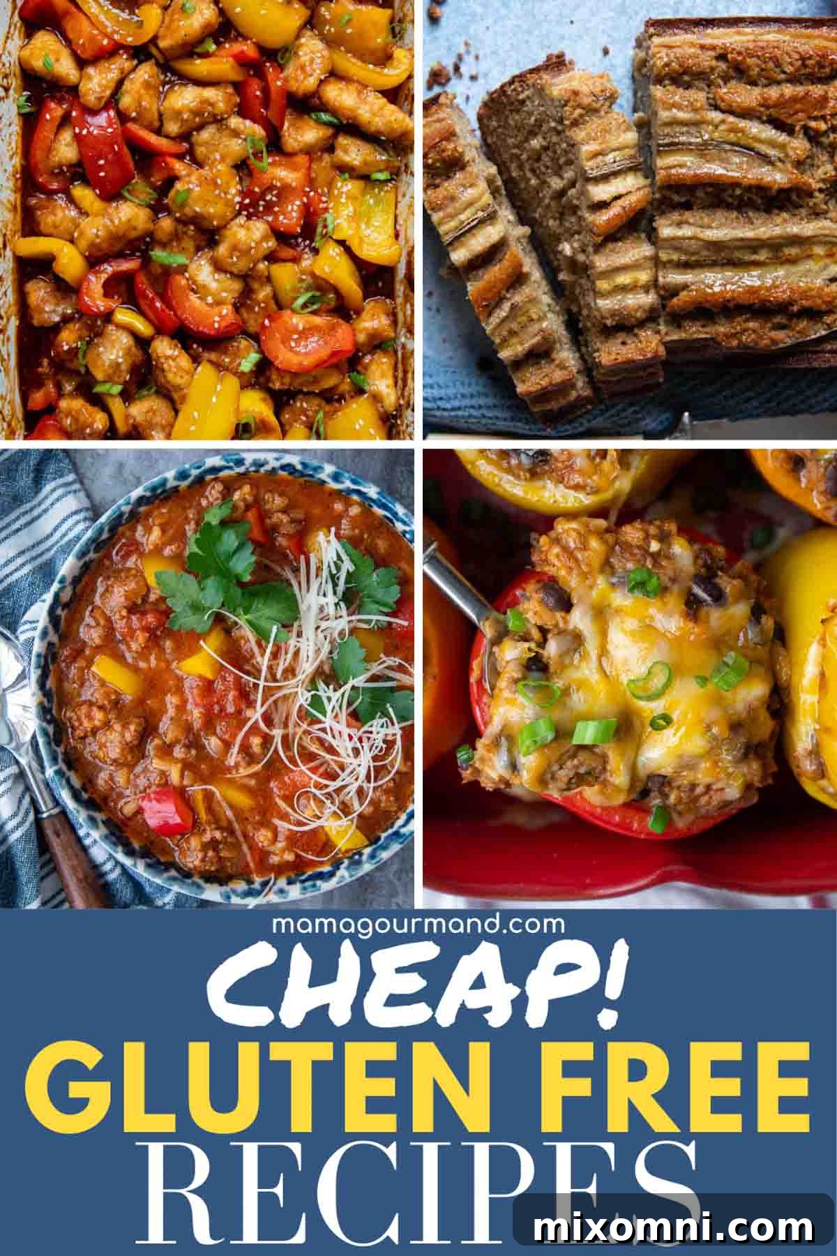 A grid of diverse gluten-free meals, including easy and affordable dinners, snacks, and breakfasts, highlighting cost-effective eating.