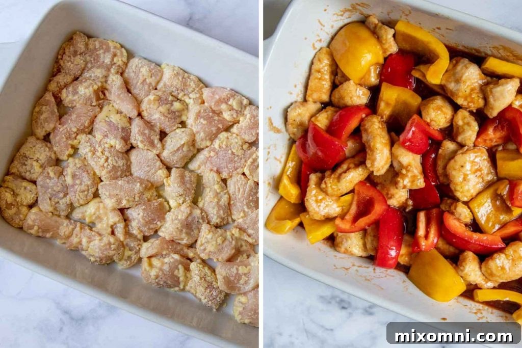 images showing unbaked chicken in dish and with peppers