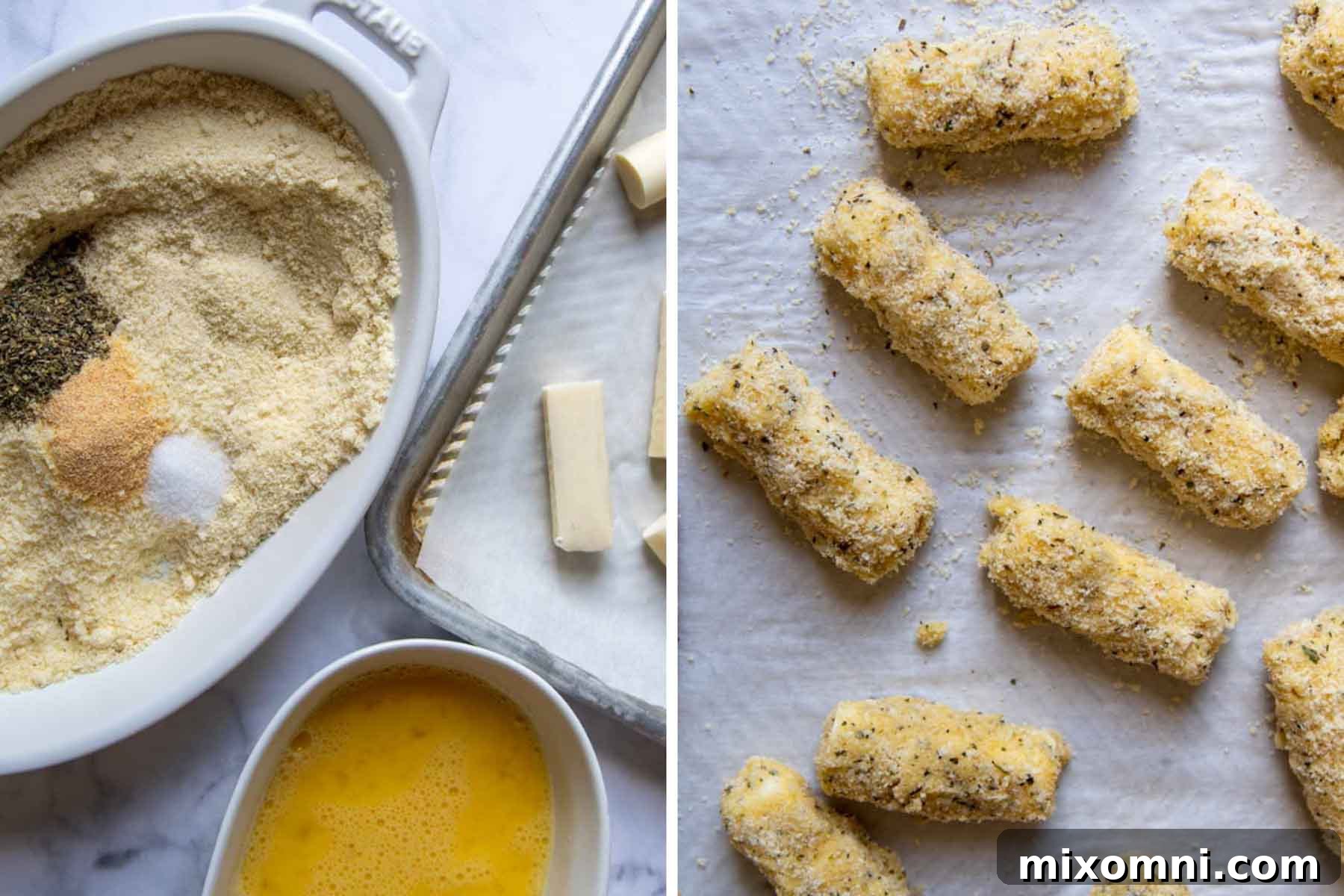 Images showing the process of breading gluten-free mozzarella sticks, including separate bowls for dry mix and egg wash.