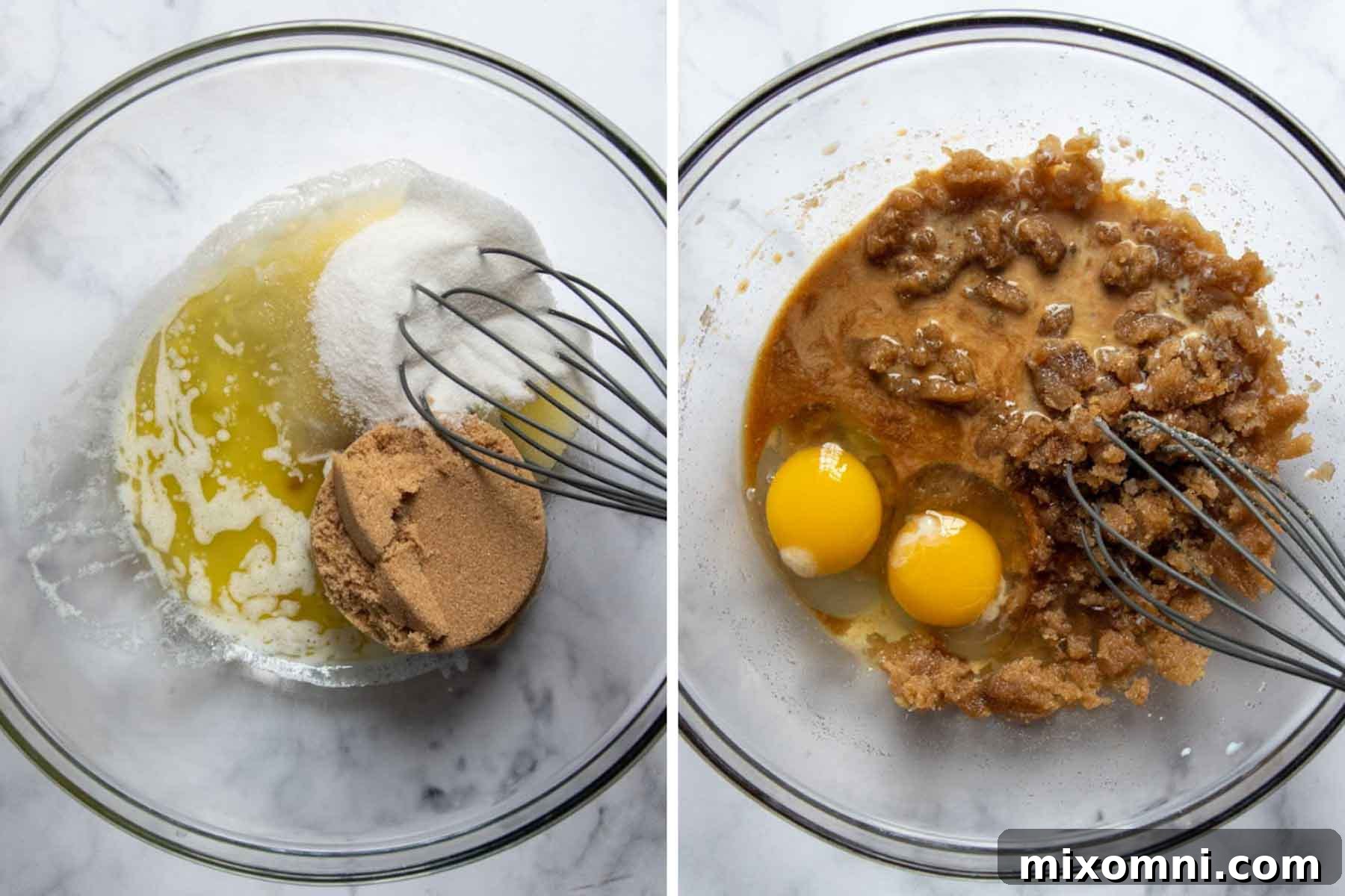 Images showing the initial steps of making gluten-free blondies: whisking wet ingredients in a bowl.