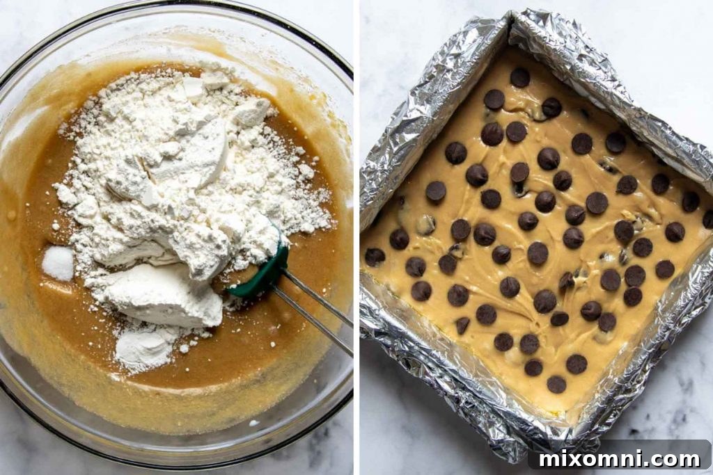 Images showing blondie batter mixed and unbaked in a prepared pan, ready for the oven.
