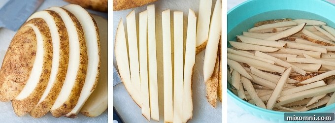 A series of images demonstrating how to cut potatoes into 1/4 inch matchsticks for making crispy oven fries. Shows slicing potatoes lengthwise, then cutting slices into sticks.