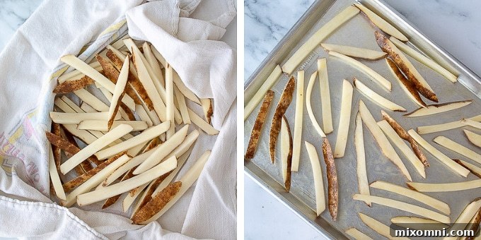 A sequence of images showing the final steps of making crispy oven fries, including tossing potatoes with oil and spreading them on a baking sheet, and the finished golden fries.
