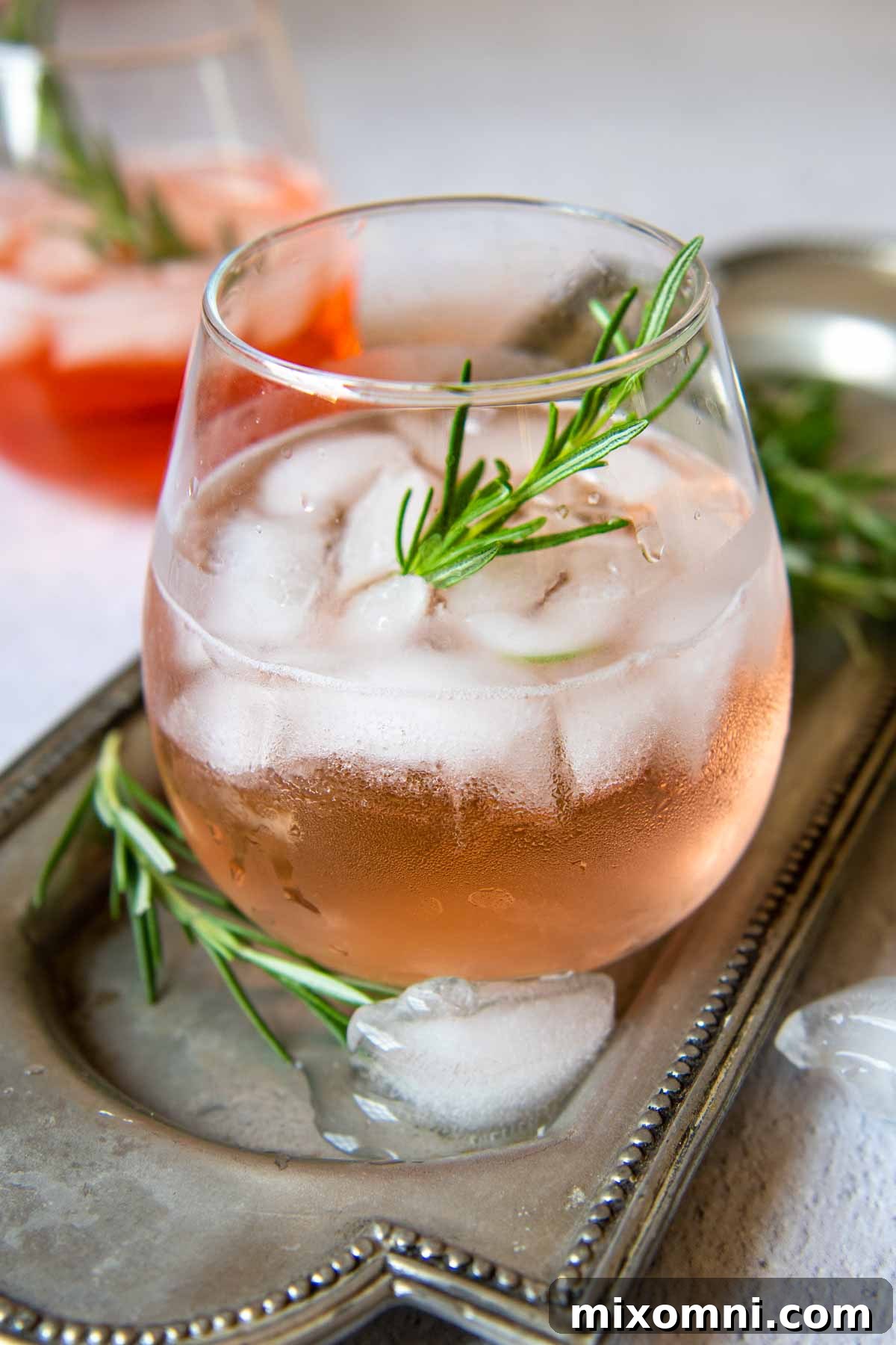 A beautifully presented rosé spritzer cocktail served on an elegant silver drink platter, featuring vibrant garnishes and a glistening texture.