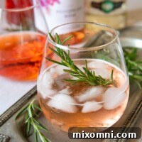 A refreshing rosé spritzer cocktail ready to be enjoyed, with a backdrop of ingredients.