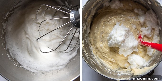 A close-up image showing how to gently fold whipped egg whites into a banana cake batter to maintain aeration.