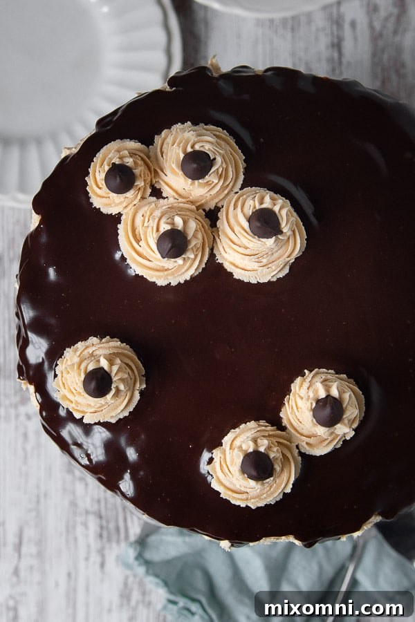 An overhead shot of a beautifully decorated peanut butter banana cake, featuring a glossy Nutella ganache drizzle and elegant buttercream rosettes on top.
