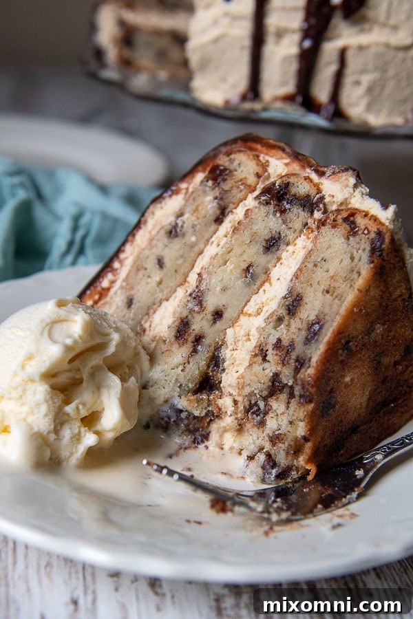A delectable piece of Banana Chocolate Chip Cake on a white plate with a bite taken out, accompanied by melting ice cream, highlighting its inviting texture.