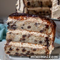A delectable slice of banana chocolate chip cake standing upright on a white plate, showcasing its moist layers, chocolate chips, and rich frosting.