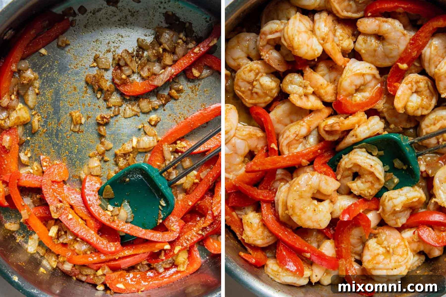 Images showing how to saute onions, peppers, and spices, then add shrimp to cook until pink.