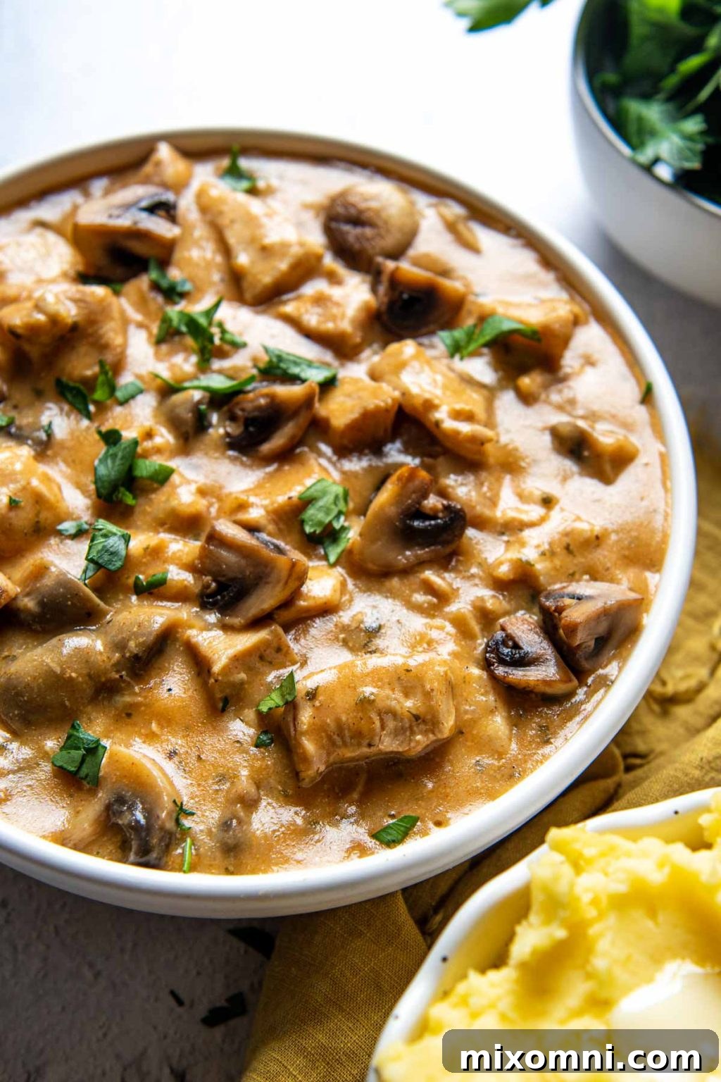 A steaming bowl of creamy Instant Pot Chicken Stroganoff served alongside fluffy mashed potatoes, inviting a delightful meal.