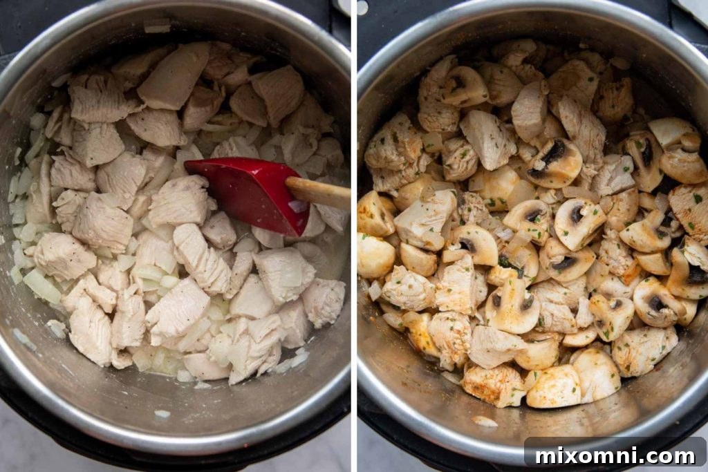 Visual steps illustrating the sautéing of chicken and onions in an Instant Pot, followed by adding mushrooms and broth for Instant Pot Chicken Stroganoff.