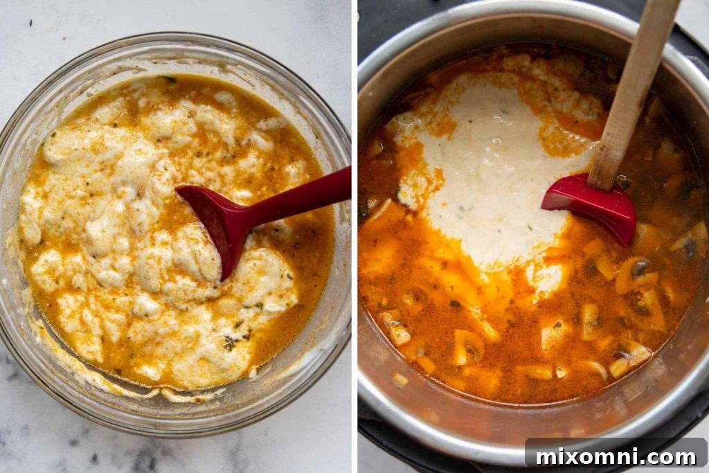 Further preparation steps for chicken stroganoff, showing the mixture before pressure cooking and the final creamy sauce after thickening.