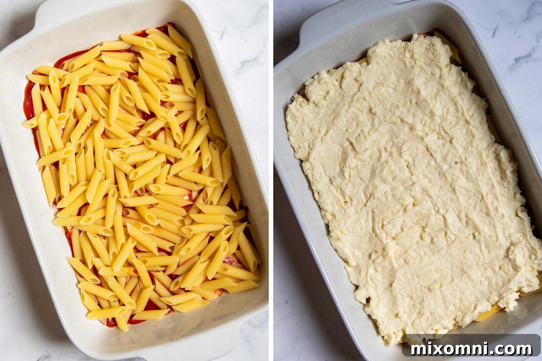 A step-by-step image showing the first layer of pasta and ricotta filling in a casserole dish.