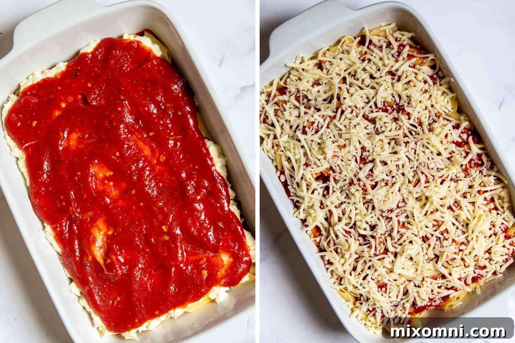 Another image demonstrating the layering process of meatless baked ziti, showing sauce and cheese being added.
