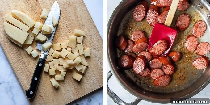 images showing how to make smoked sausage skillet dinner