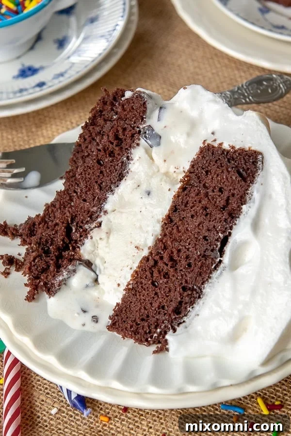 A slice of perfectly crafted Baked Alaska on a white plate, showcasing layers of cake, ice cream, and toasted meringue, with the ice cream just beginning to melt slightly, hinting at its delightful chill.