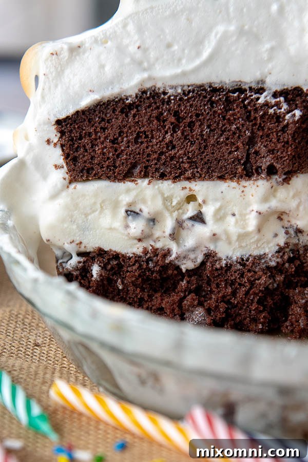 A perfectly sliced piece of Baked Alaska dessert, showcasing its distinct layers of cake, ice cream, and toasted meringue, presented on a serving platter.