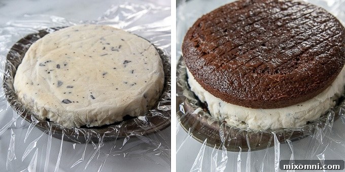 Step-by-step images illustrating how to properly layer the softened ice cream with the cake for a perfect Baked Alaska.