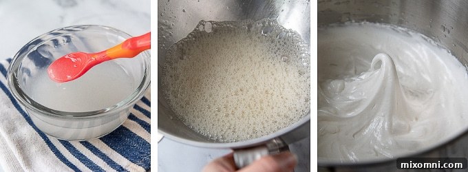 A series of images showing the process of making the meringue topping for Baked Alaska, from frothy egg whites to stiff, glossy peaks.