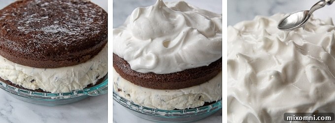 Visual instructions on how to spread the meringue evenly over the entire Baked Alaska cake and create decorative weeping peaks with the back of a spoon.