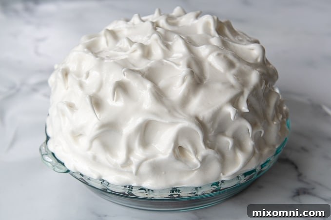 A fully assembled Baked Alaska, completely covered in white meringue, sitting ready before being baked or flambéed.