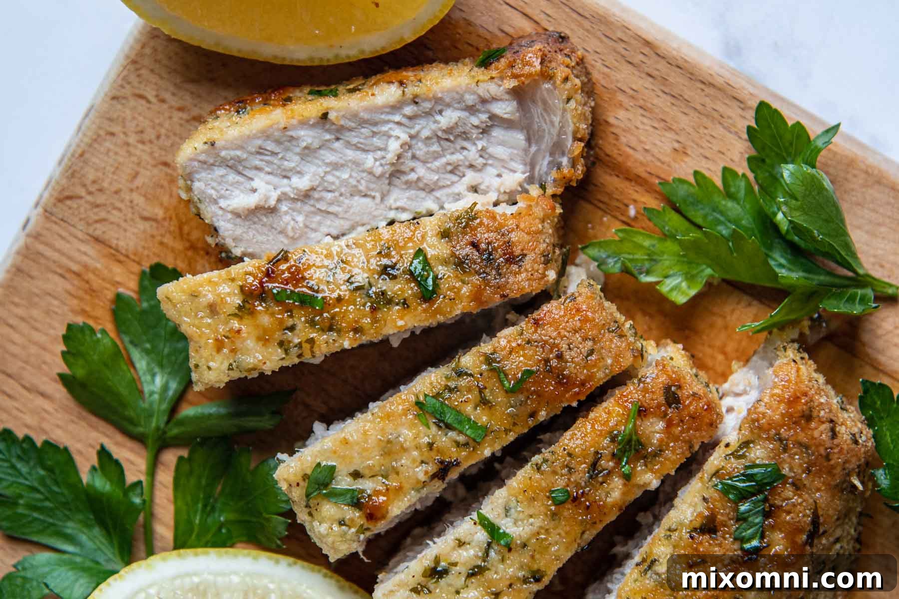 Close-up of sliced gluten-free breaded pork chops, revealing the crispy almond flour coating, with fresh parsley for garnish.