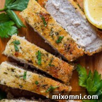 sliced pork chops with low carb breading on it