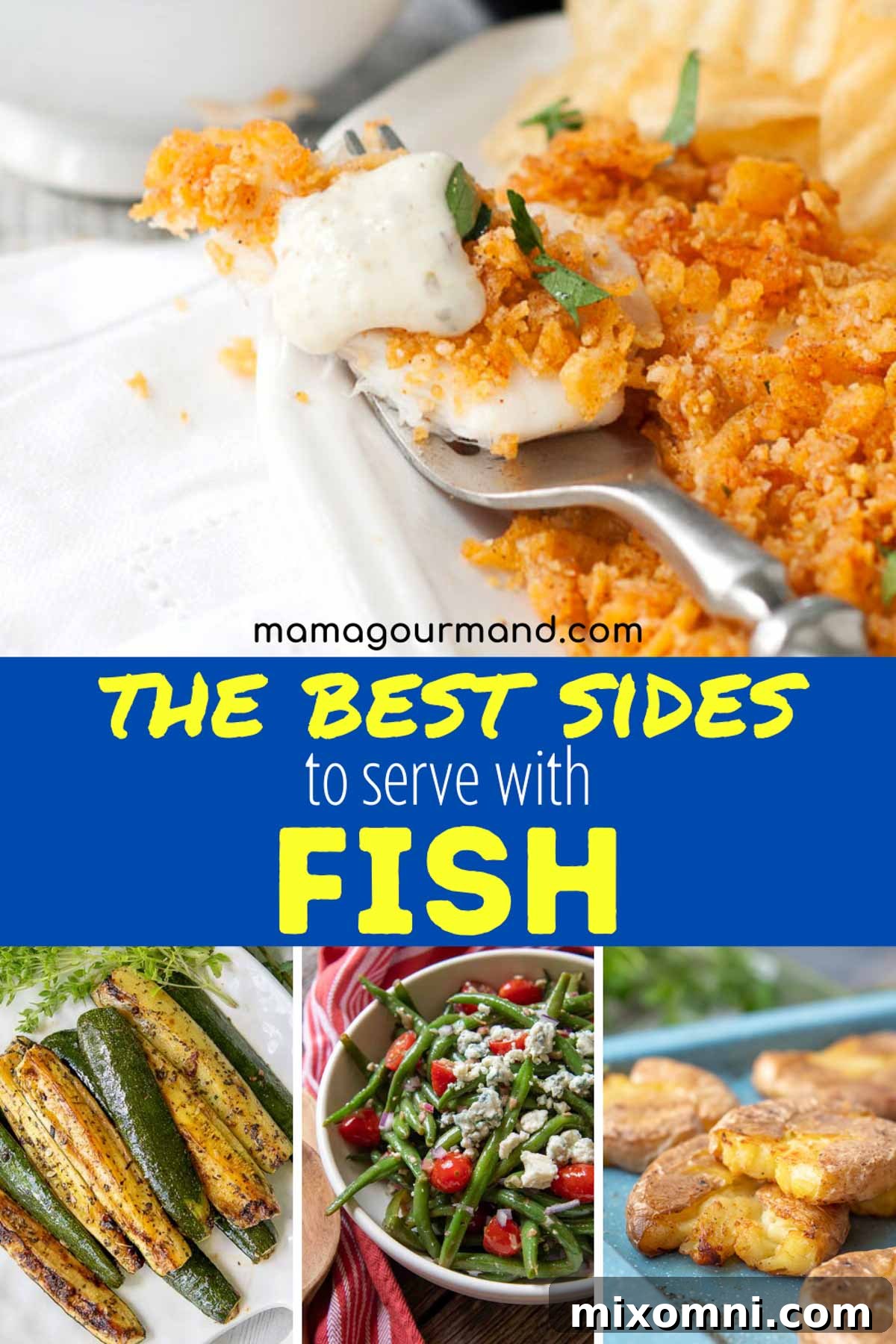 A vibrant collage of diverse side dishes perfectly complementing fish entrees, featuring roasted vegetables, creamy potatoes, and fresh salads.