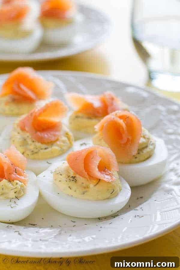 a photo of smoked salmon deviled eggs to serve with ham dinner