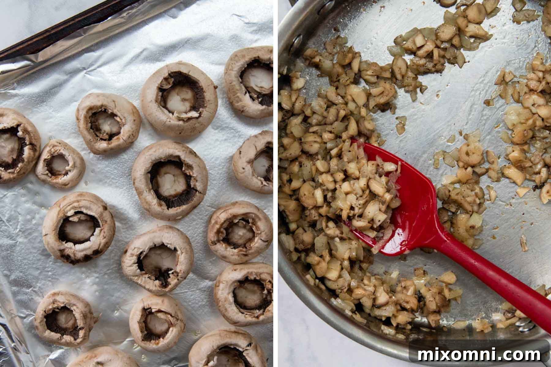 Mushroom caps on a foil-lined baking sheet and a pan with sautéed mushroom stems and onions.