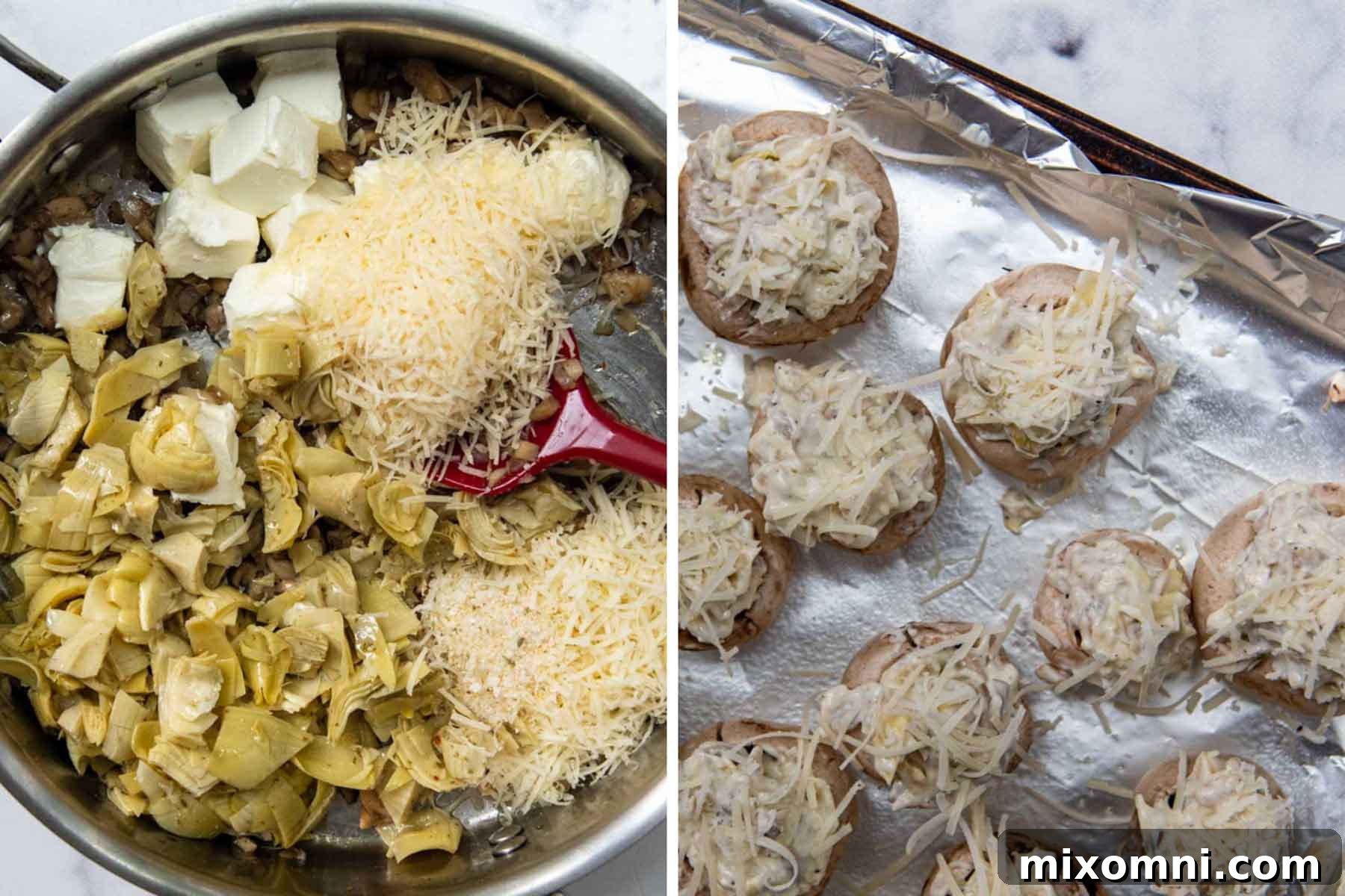 A spoon scooping creamy artichoke parmesan filling into mushroom caps.