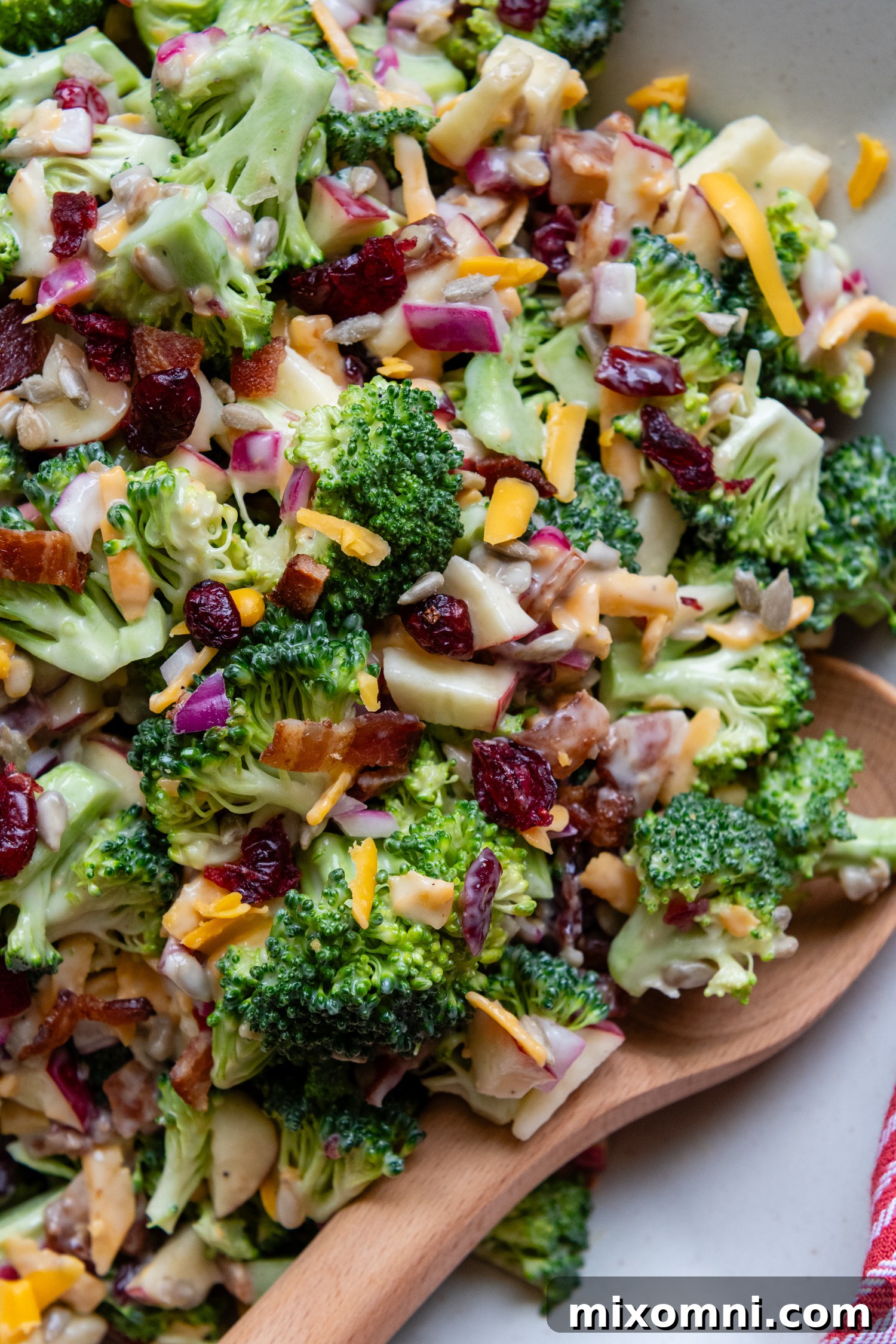 Close up of all the flavors in the crunchy gluten-free broccoli salad.