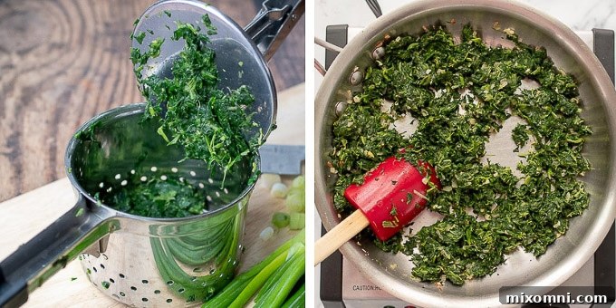 A visual guide showing how to properly squeeze excess moisture from spinach using a potato ricer and then sautéing the filling ingredients for the vegetable tart.