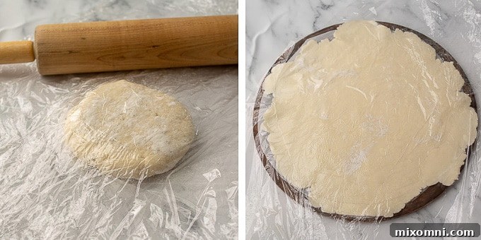 A series of images demonstrating the technique for rolling out the pastry crust for the vegetable tart.