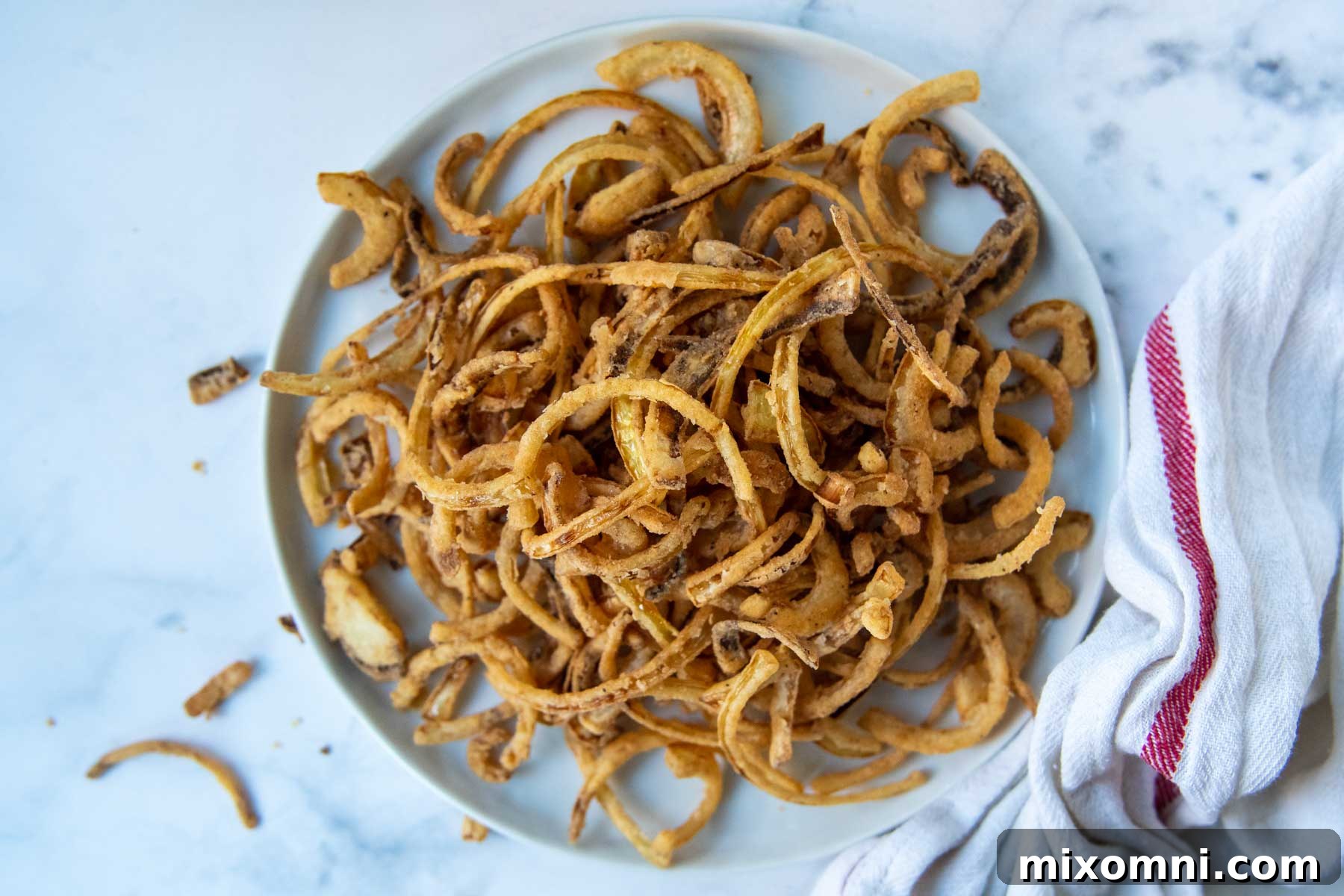 An inviting overhead shot of perfectly golden, crispy gluten-free French fried onions neatly arranged on a pristine white plate, showcasing their irresistible texture.
